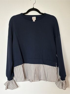 Maeve Navy Pullover with Striped Ruffle Hem and Cuff